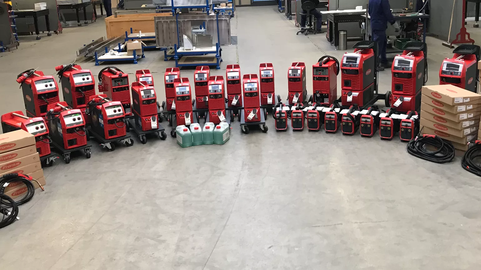 A lot of Fronius welding machines are shown